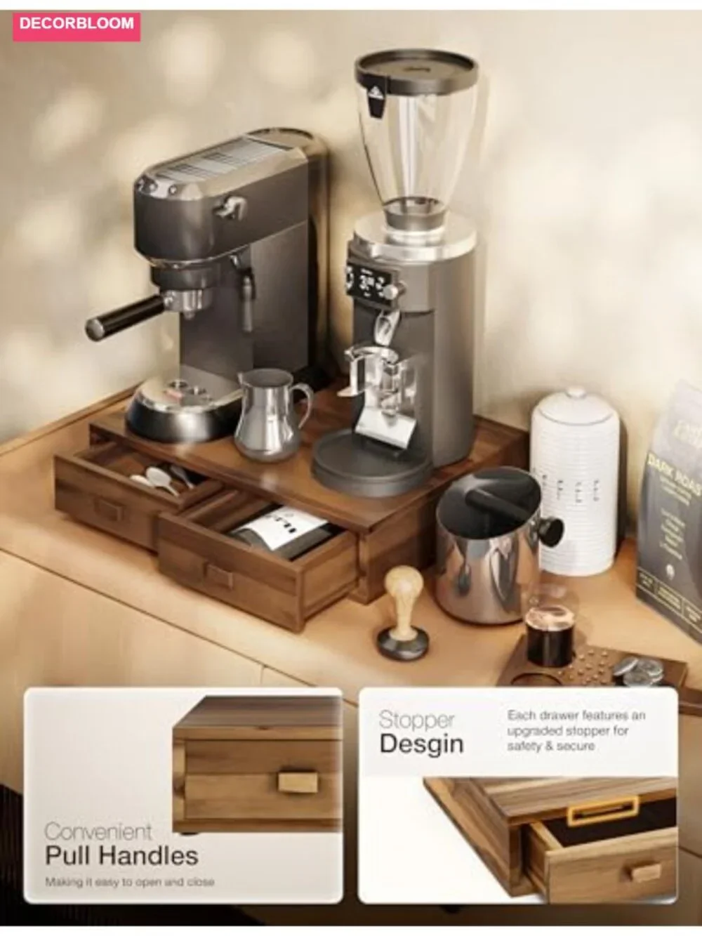 Acacia Wood Coffee Pod Storage Drawer for K-cup & Nespresso Pods Holder Dual